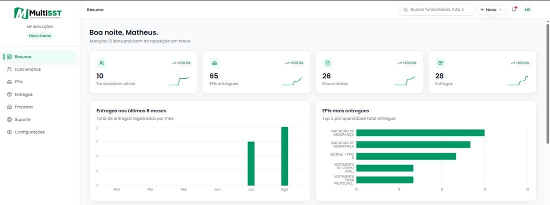 Painel Resumo do MultiSST mostrando indicadores de funcionários, EPIs entregues e gráficos de entregas